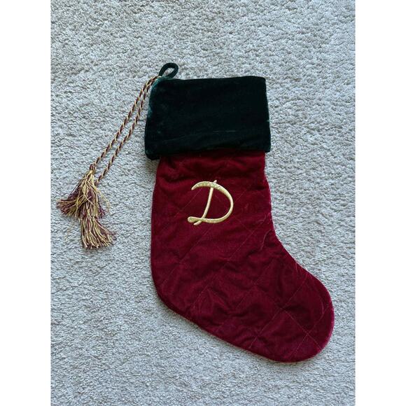 Harvey Lewis Embroidered Monogrammed D Christmas Stocking Red/Green Velvet - Picture 1 of 3